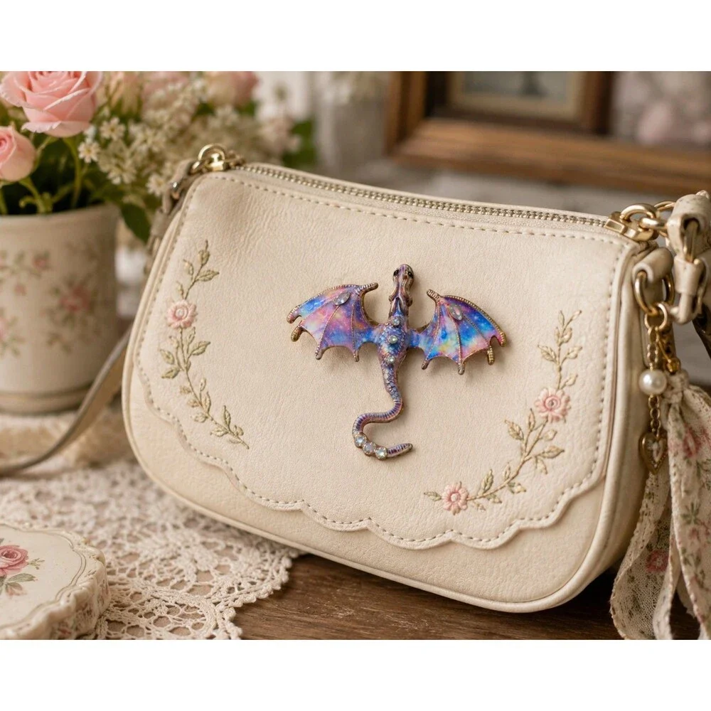 Colorful Dragon Brooch, Pink Blue Rhinestone Fantasy Pin, Fairycore Jewelry
